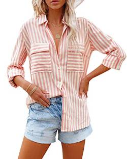 Zitiki Damen Bluse Elegant Streifenbluse V-Ausschnitt Lässig Hemd Langarm Stilvoll Shirt Büro Arbeit Tops mit Tasche (Small, Rosa) von Zitiki