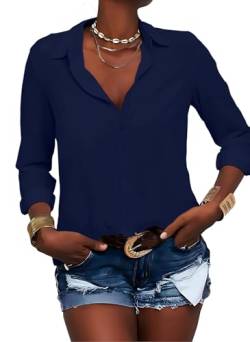 Zitiki Damen Bluse Elegant V-Ausschnitt Hemd Button-Down Shirt Langarm Chiffon Büro Casual Business Tops (Small, Dunkelblau) von Zitiki