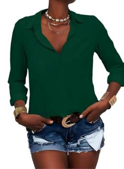Zitiki Damen Bluse Elegant V-Ausschnitt Hemd Button-Down Shirt Langarm Chiffon Büro Casual Business Tops (X-Large, Dunkelgrün) von Zitiki