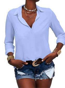 Zitiki Damen Bluse Elegant V-Ausschnitt Hemd Button-Down Shirt Langarm Chiffon Büro Casual Business Tops (X-Large, Hellblau) von Zitiki