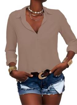 Zitiki Damen Bluse Elegant V-Ausschnitt Hemd Button-Down Shirt Langarm Chiffon Büro Casual Business Tops (X-Large, Khaki) von Zitiki