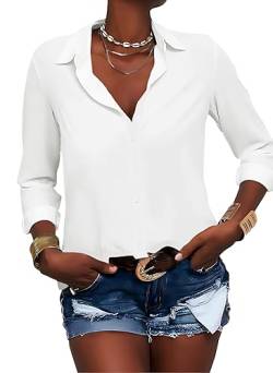 Zitiki Damen Bluse Elegant V-Ausschnitt Hemd Button-Down Shirt Langarm Chiffon Büro Casual Business Tops (X-Large, Weiß) von Zitiki