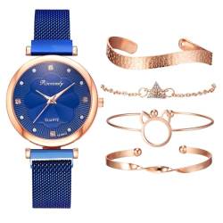 Ziyan Quarz Armbanduhren für Frauen, 5 Stück/Satz Armband Set für Damen Damenuhren Armbanduhren Strass Uhr Set Geschenk (Blau+Armband) von Ziyan