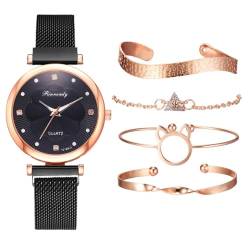 Ziyan Quarz Armbanduhren für Frauen, 5 Stück/Satz Armband Set für Damen Damenuhren Armbanduhren Strass Uhr Set Geschenk (Schwarz+Armband) von Ziyan