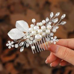 Zoestar Blumen-Hochzeits-Haarkämme, silberne Perlen, Braut-Haarteil, Strass-Blatt-Haarschmuck für Frauen und Mädchen von Zoestar