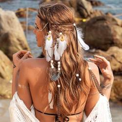 Zoestar Boho-Feder-Stirnband, goldene Pailletten, Kopfketten, Kristall, indischer Hippie-Kopfschmuck, Festival-Tribal-Haarschmuck für Frauen und Mädchen von Zoestar