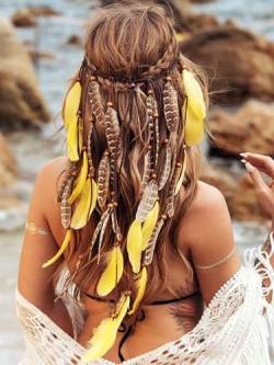 Zoestar Boho Feder Stirnband Gelb Indian Tribal Kopfschmuck Hippie Kopf Kette Festival Haarschmuck für Frauen und Mädchen von Zoestar