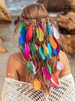 Zoestar Boho Feder Stirnband Regenbogen Kopfschmuck Perlen Hippie Indisches Haarband Pride Festival Haarschmuck für Frauen und Mädchen von Zoestar