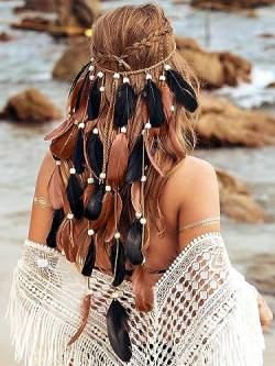 Zoestar Boho Feder Stirnband Vintage Kopfschmuck Hippie Indische Perlen Haarband Festival Tribal Haarschmuck für Frauen und Mädchen von Zoestar