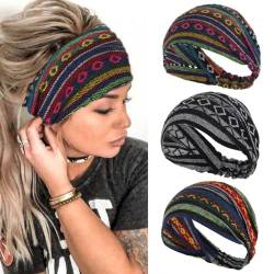Zoestar Boho breite Stirnbänder, gestreift, Turban-Kopfwickel, Vintage, elastische Kopftücher, stilvolle Haarbänder für Frauen und Mädchen (3 Stück) (A) von Zoestar