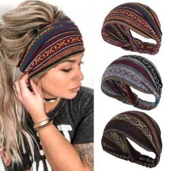 Zoestar Boho breite Stirnbänder, gestreift, Turban-Kopfwickel, Vintage, elastische Kopftücher, stilvolle Haarbänder für Frauen und Mädchen (3 Stück) (B) von Zoestar