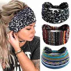 Zoestar Boho breite Stirnbänder Streifen Yoga Kopftücher Knoten Turban Kopfwickel Leopard Vintage stilvolle Haarbänder elastisch dick Mode Haarschmuck für Frauen und Mädchen (3 Stück) von Zoestar