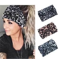 Zoestar breite Leoparden-Stirnbänder, grauer Knoten, Turban-Kopfwickel, stilvolle elastische Kopftücher, Yoga-Haarbänder für Frauen und Mädchen (3 Stück) von Zoestar