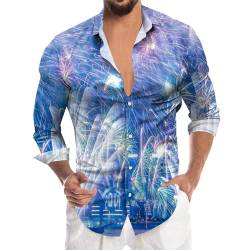 Zofedap Hemd Herren Langarm Slim Fit Casual Stehkragen 2024 Hemden Lustige mit 3D Feuerwerke Druck Hawaiihemd Bunt Langarmshirt Neujahrsgeschenke von Zofedap