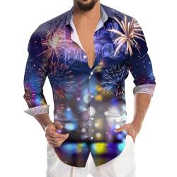 Zofedap Hemd Herren Langarm Slim Fit Casual Stehkragen 2024 Hemden Lustige mit 3D Feuerwerke Druck Hawaiihemd Bunt Langarmshirt Neujahrsgeschenke von Zofedap