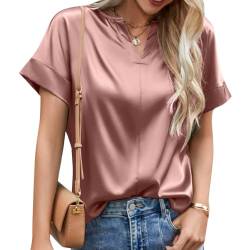 Zofedap Satin Bluse Damen Elegant Kurzarm Basic Tunika Einfarbig V-Ausschnitt Oberteile Sommer Tops T Shirt Hemden von Zofedap