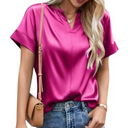 Zofedap Satin Bluse Damen Elegant Kurzarm Basic Tunika Einfarbig V-Ausschnitt Oberteile Sommer Tops T Shirt Hemden von Zofedap