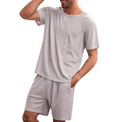 Zofedap Schlafanzug Herren Kurz Pyjama Set mit Kurzarm und Schlafshorts Einfarbig Sommerpyjamas Oberteile Hausanzug Pyjamahose Schlafanzüge Nachtwäsche Männer Mütze Herren Schwarz von Zofedap