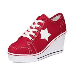 Zoifada Damen Canvas Keilabsatz Schuhe Sneaker mit Absatzhöhe Trunschuhe für Sport Freizeit Laufschuhe mehrere Farben Rot,35 von Zoifada