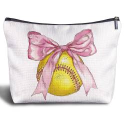 Zomhix Make-up-Tasche für Softball-Liebhaber, Softball-Geschenke für Softball-Liebhaber, niedliche Softball-Schleife, Kosmetiktasche für Geldbörse, rosa Schleife, Geschenke von Zomhix