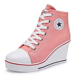 Zomiee Damen-Sneaker mit Absatz, Leinenschuhe mit High-Top, Keilabsatz, Turnschuhe mit Plateau, zum Schnüren, Reißverschluss an der Seite, Pumps, modisch, Pink - rose - Größe: 40 EU von Zomiee