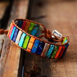 Zonfer 1pc Leder-armband, Chakra-armband Handgemachte Multi Farbe Naturstein-korn-leder-verpackungs-armband Für Frauen von Zonfer