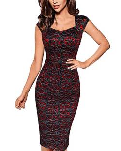 Bodycon Bleistift Spitze Kleid für Frauen Kurzarm Abend Vintage Rückenfrei Business Festliche Etuikleider Rot M von ZongSen