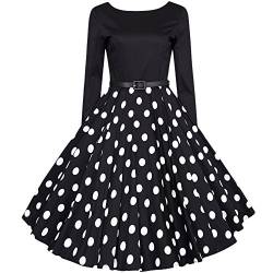 ZongSen 50s Vintage Rockabilly Tupfen Retro Polka Dots Hepburn Stil Nach Dem V-Ausschnitt Mit Langen Ärmeln Kleid Schwingen Cocktailkleid Schwarz M von ZongSen