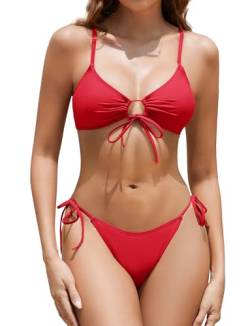 Zonsaoja Damen String Bikini Set Tie Front Zweiteiliger Badeanzug Freche Seitliche Krawatte Badeanzüge, Rot/Ausflug, einfarbig (Getaway Solids), XL von Zonsaoja
