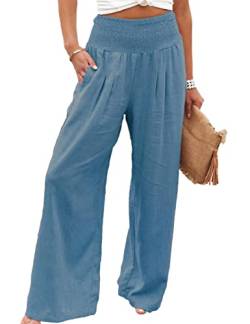Zontroldy Baumwoll-Leinen-Hose mit weitem Bein für Damen, lässig, elastisch, hohe Taille, gesmokte Palazzo-Loungehose, Denim Blau, S von Zontroldy