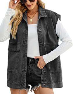 Zontroldy Denim Jean Weste für Damen, übergroße, ärmellose Button-Down-Denim-Jeans-Weste, Weste, Shacke, Schwarz / Grau, X-Large von Zontroldy