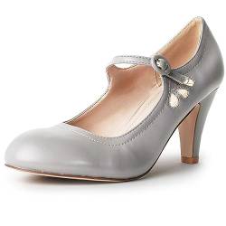 Mary Jane Pumps – Niedrige Kitten Heels – Vintage Retro Runde Zehen Schuh mit Knöchelriemen – Pixie von J. Adams, Grau (Grau PU), 38 EU von ZooShoo