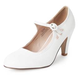 Mary Jane Pumps – Niedrige Kitten Heels – Vintage Retro Runde Zehen Schuh mit Knöchelriemen – Pixie von J. Adams, Weiß (Weiß - White Pu), 37.5 EU von ZooShoo