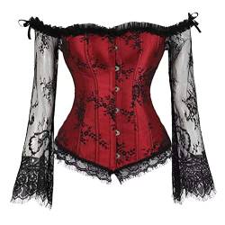 Damen Corsage Top, mit Ärmel Taillen Korsett, Bustier Corset Dirndl Bluse Trachten Shirt (S/UK=4, 1093 Weiß) (M, 0183-Rot) von Zooma