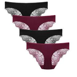 Zooma Damen Spitze Slips Hipster Sexy Bikini Unterwäsche Sotiert, Gr.- XL=EU/ 40-46, Weinrot Schwarz 4er Pack von Zooma