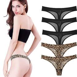 Zooma Damen String Tanga Set, 5er Pack Seamless Unterwäsche Damen Tanga, Leopard und Einfarbig Sexy Nahtlos Unterhosen Damen Slips Hipster Bikini Bunt 2XL von Zooma