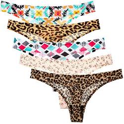 Zooma Damen String Tanga Set, 5er Pack Seamless Unterwäsche Damen Tanga, Leopard und Einfarbig Sexy Nahtlos Unterhosen Damen Slips Hipster Bikini Bunt L von Zooma