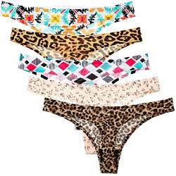 Zooma Damen String Tanga Set, 5er Pack Seamless Unterwäsche Damen Tanga, Leopard und Einfarbig Sexy Nahtlos Unterhosen Damen Slips Hipster Bikini Bunt von Zooma