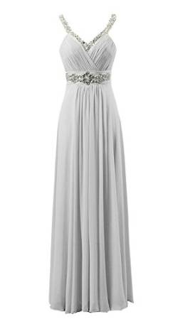 Zorayi Damen Elegante Lang V-Ausschnitt Perlen Chiffon Abendkleid Brautjungfernkleider Silber Größe 38 von Zorayi