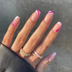 24 Stück French Tips Drücken Sie auf Nägel,Mittellange Kunstnägel Glänzend Rosa Weiß Kunstnägel Full Cover Design Nail Art für Frauen und Mädchen Party Salon von Zosppei