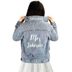 Zounghy Personalisierte Braut Jeansjacke, Personalisierte Jeansjacke mit Perlen, Braut Jeansjacke für Hochzeit, Frau Jeansjacke von Zounghy