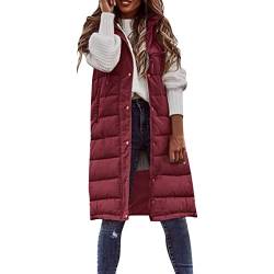 Damen Lang Weste Steppweste Winter Daunenweste Übergangsweste Winterjacke Longweste Winterweste Jacke Mantel Weste Schwarz Leichte Warm Gesteppt Reißverschluss Pufferjacke mit (V03-Wine, XXXXXL) von Zshosam