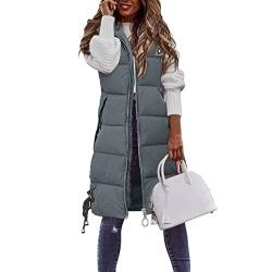 Zshosam Damen Lang Weste Steppweste Winter Daunenweste Übergangsweste Winterjacke Longweste Winterweste Jacke Mantel Weste Schwarz Leichte Warm Gesteppt Reißverschluss Pufferjacke mit Kapuze (Grey, L) von Zshosam