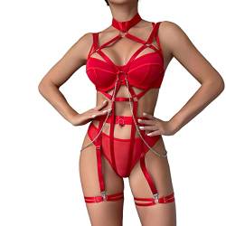 Zshosam Latex Dessous Frauen Sexy Lingerie Sexy for Women Damen Riemen Sexy Cosplay Kette, vierteilige sexy Unterwäsche Sexy (Red, M),Sexy Dessous Damen Für Sex,Dessous-Sets Für Damen von Zshosam