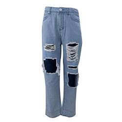 Damen Ripped Jeans Hollow Out Hosen High Low Rise Cutout Baggy Straight Wide Leg Jeans Y2K Fashion Denim Streetwear Pants (B Blau, 2XL) von Zukmuk