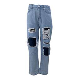 Damen Ripped Jeans Hollow Out Hosen High Low Rise Cutout Baggy Straight Wide Leg Jeans Y2K Fashion Denim Streetwear Pants (B Blau, S) von Zukmuk