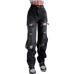 Damen Ripped Jeans Hollow Out Hosen High Low Rise Cutout Baggy Straight Wide Leg Jeans Y2K Fashion Denim Streetwear Pants (W Schwarz, S) von Zukmuk