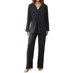 Zukmuk 2-teiliges Damen Plissee Outfits Hosen-Set Eleganter Anzug Y2k-Revers V-Ausschnitt Langarm Bluse mit Knöpfen + Solide Hose mit Weitem Bein (Schwarz B, S) von Zukmuk