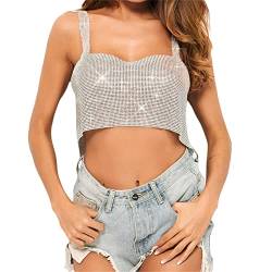 Zukmuk Damen Glitter Pailletten Ärmelloses Crop Top mit verstellbaren Trägern Rücken Kettenverschluss Sexy Sparkle Camisole Bluse (Silber, Einheitsgröße) von Zukmuk