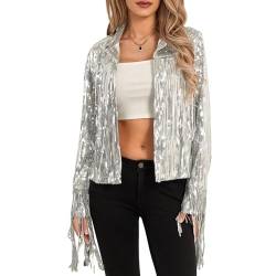 Zukmuk Damen Jacken Glitzer Pailletten Langarm Offene Vorne Jacken Mit Quasten Blazer Clubwear, silbrig, M von Zukmuk